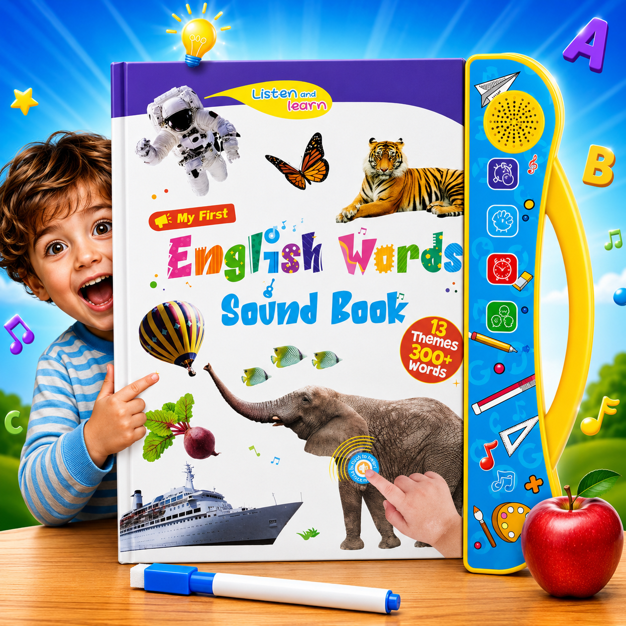 Advanced English Vocabulary Sound Book for Kids with Marker- Learn Alphabets, Numbers, Shapes & Phonics -Educational Musical Learning Toy for Toddlers -2 to 7 Years